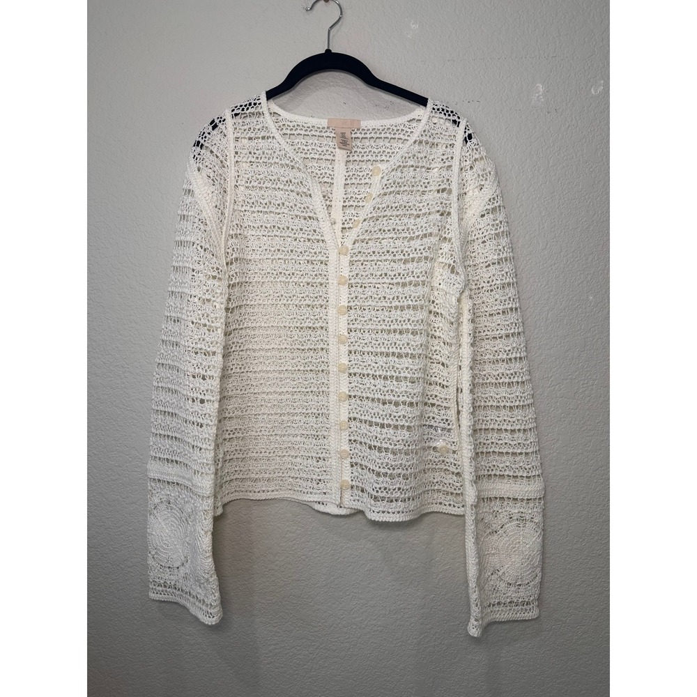 H&M Cream Crochet Knit Cardigan Button Front Boho Open Weave Top Womens Size M